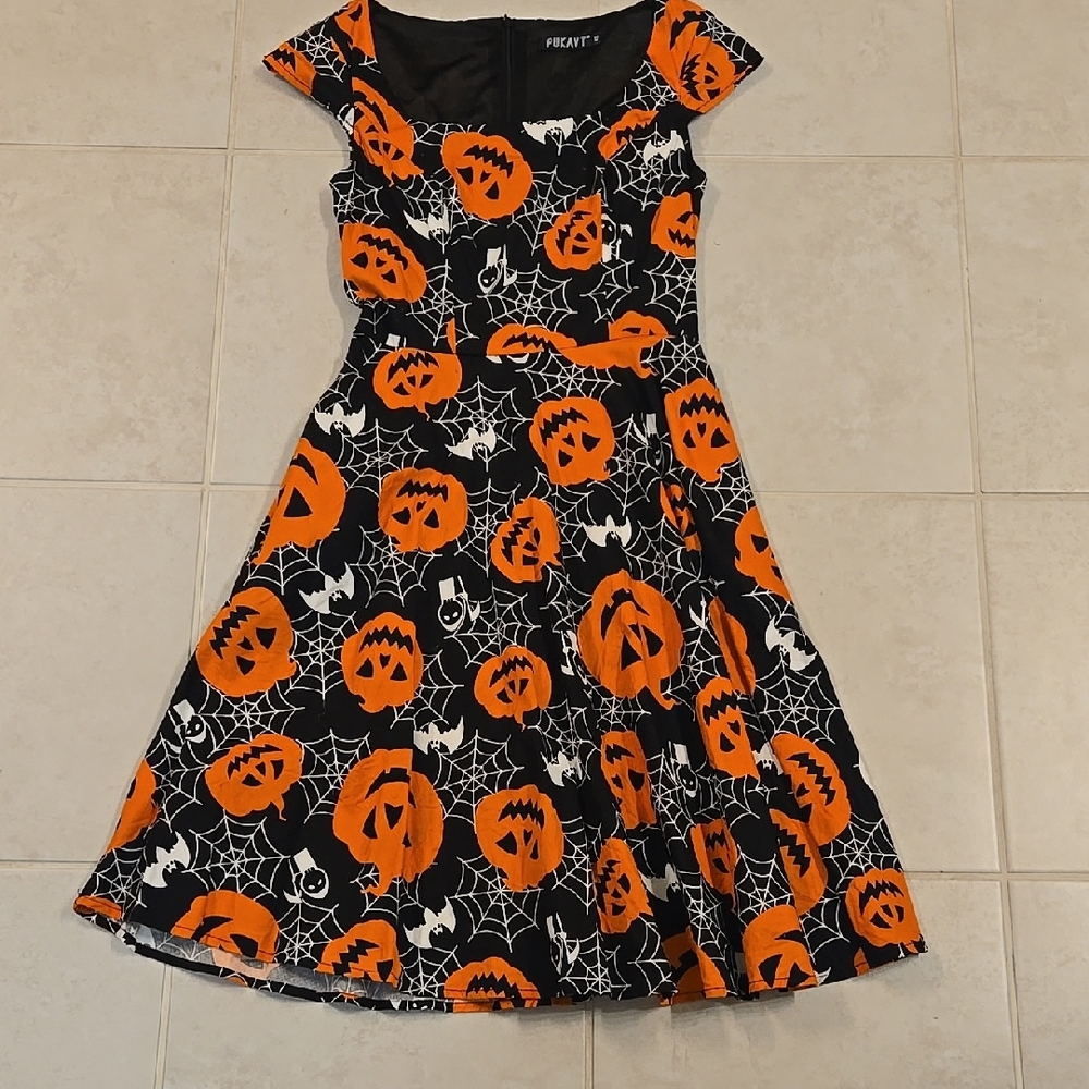 Womens Size XS Black, A Line, Cap Sleeves, Vintage Style Jack O Lantern Dress